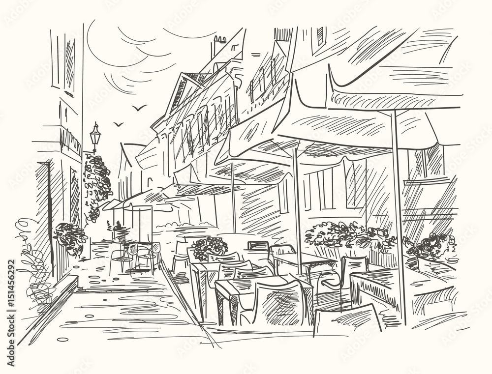 Hand drawn street cafe in old town. Vintage vector illustration