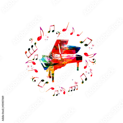 Music instrument background. Colorful piano with music notes isolated vector illustration