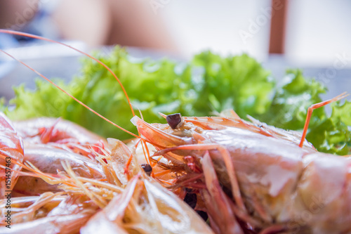 Shrimp boil seafood in the dish selective focus of eye  shrimp