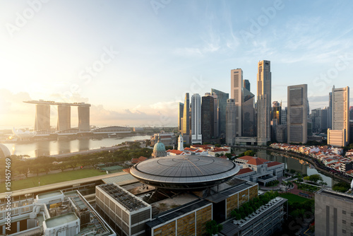Panorama of Singapore business district skyline and Singapore skyscraper with Supreme Court in morning at Marina Bay, Singapore.