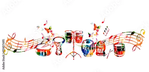 Obraz Tło instrumentów muzycznych. Kolorowy bęben, darbuka, bongo bębeny, indyjska tabla i tradycyjny Turecki bęben z muzyk notatkami, odizolowywali wektorową ilustrację
