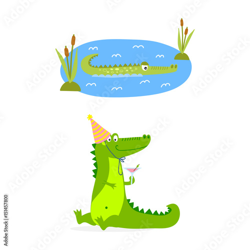 Cartoon green crocodile funny predator australian wildlife river reptile alligator flat vector illustration.