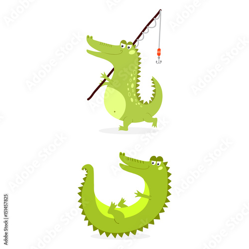 Cartoon green crocodile funny predator australian wildlife river reptile alligator flat vector illustration.