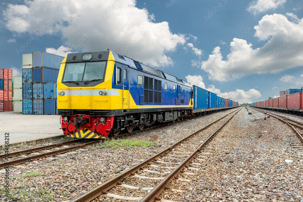 Cargo train platform with freight train container at depot in port use for export logistics background. Cargo train platform with freight train container at depot in port use for export logistics background.