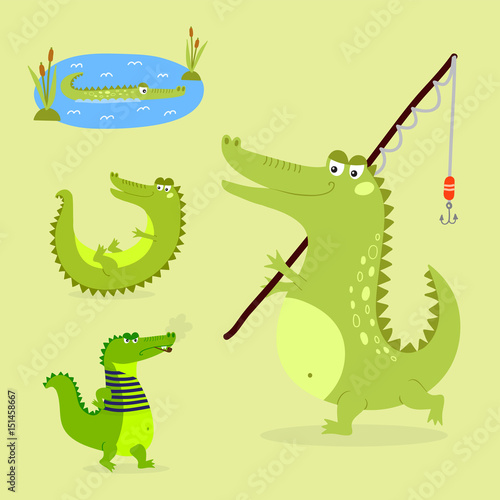 Cartoon green crocodile funny predator australian wildlife river reptile alligator flat vector illustration.