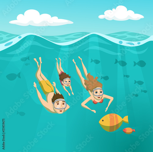 Family swimming underwater