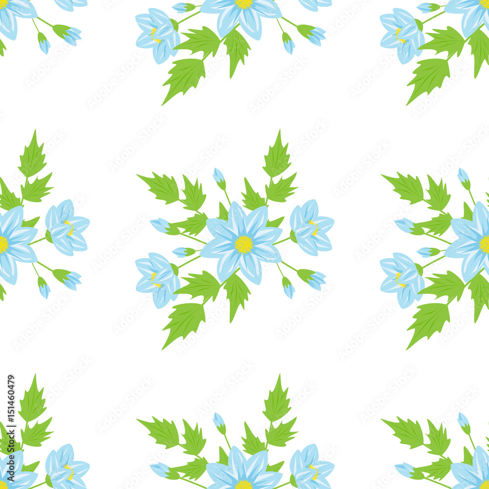 Drawing in a small blue flower with green leaves on a white background .Colored seamless background for textile, fabric, cotton fabric, cover, wallpaper, stamp, gift wrapping and scrapbooking.