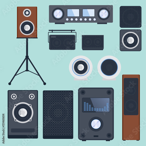 Home sound system stereo flat vector music loudspeakers player subwoofer equipment technology.