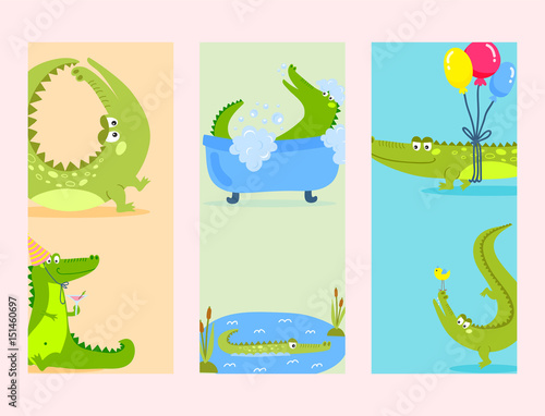 Cartoon green crocodile funny predator australian wildlife river reptile alligator flat vector illustration.