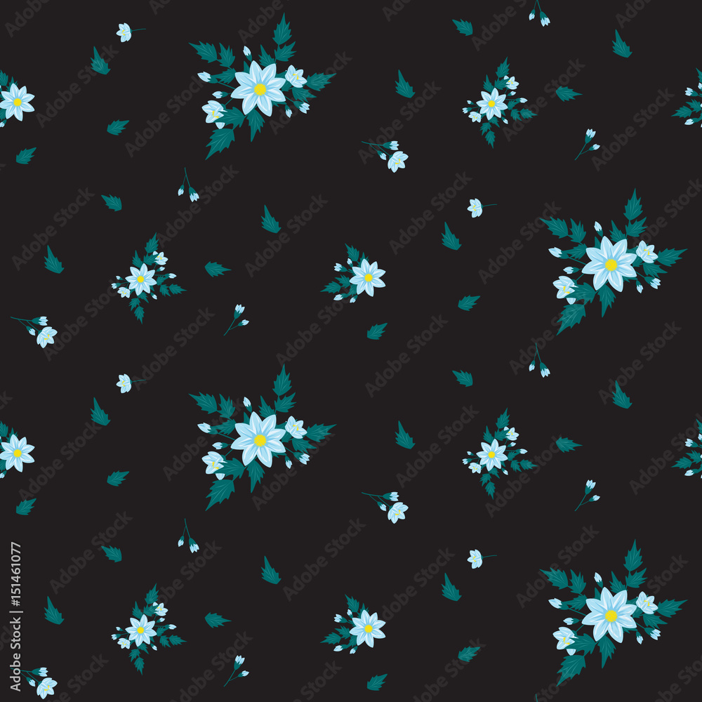 A drawing in a small blue flower with green leaves on a black background. Colorful seamless background for textiles, fabric, cotton fabric, covers, wallpapers, print, gift wrapping and scrapbooking.