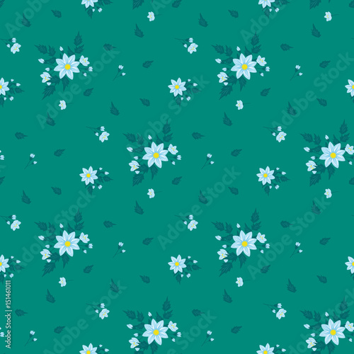 A drawing in a small blue flower with green leaves on a dark background. Colorful seamless background for textiles, fabric, cotton fabric, covers, wallpapers, print, gift wrapping and scrapbooking.