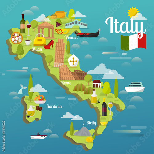 Obraz na płótnie Colorful Italy travel map with attraction symbols italian sightseeing world arch