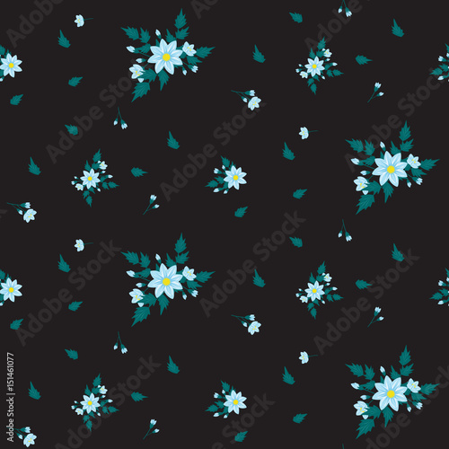 A drawing in a small blue flower with green leaves on a black background. Colorful seamless background for textiles, fabric, cotton fabric, covers, wallpapers, print, gift wrapping and scrapbooking.