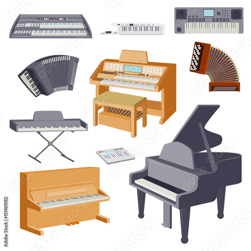 Keyboard musical instruments isolated on white classical musician equipment vector illustration