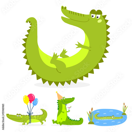 Cartoon green crocodile funny predator australian wildlife river reptile alligator flat vector illustration.