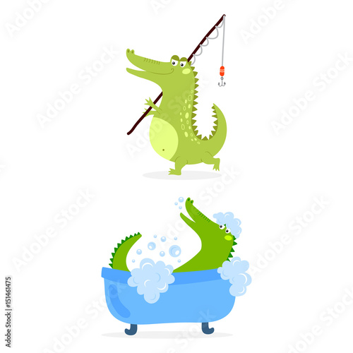 Cartoon green crocodile funny predator australian wildlife river reptile alligator flat vector illustration.
