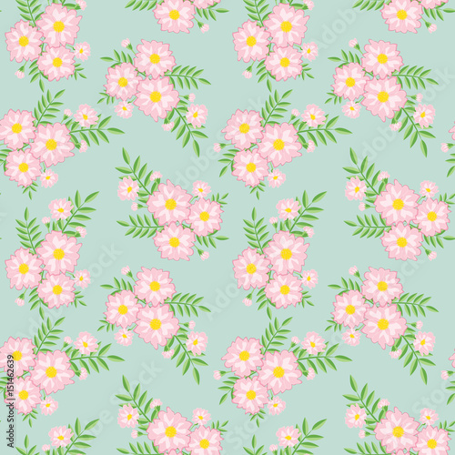 A drawing in a small pink flower with green leaves on a turquoise background. Colorful seamless background for textiles, fabric, cotton fabric,covers,wallpapers, print, gift wrapping and scrapbooking.