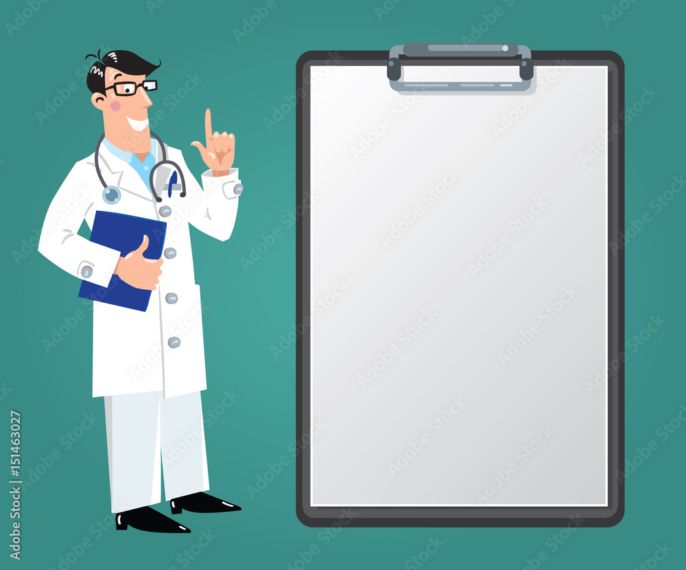 Funny doctor with clipboard. Design template Funny doctor with clipboard. Design template