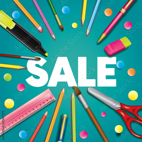 A set of multi-colored school supplies. Ready design "Sale." Vector illustration with pencils, ruler, scissors and eraser, pen and brushes for drawing. Multicolored objects. Set.