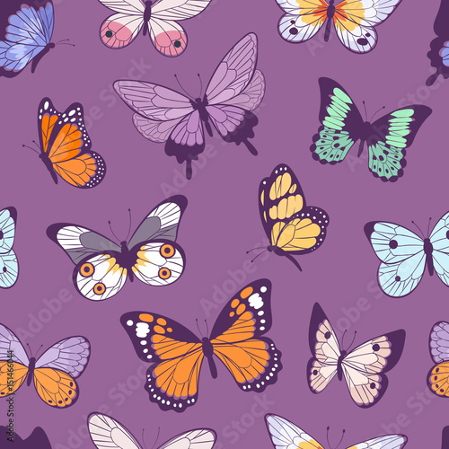 Colorful different summer butterfly wings seamless pattern vector illustration background. © partyvector