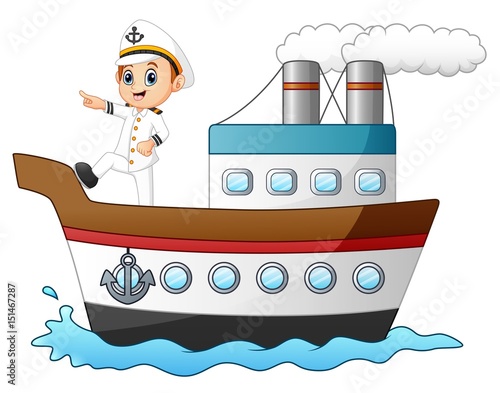 Cartoon ship captain pointing on a ship