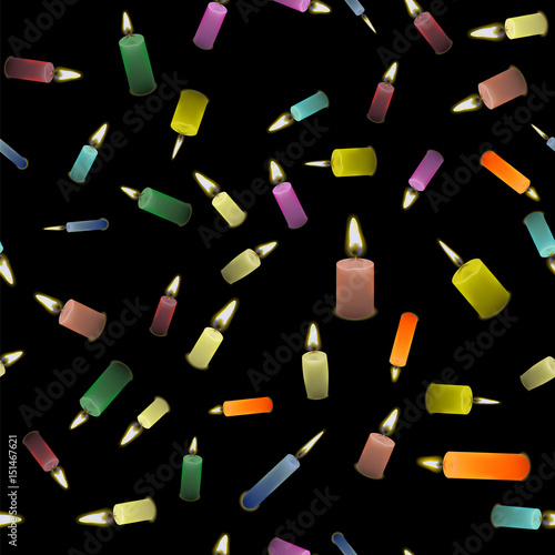 Colored Burning Wax Candles Seamless Pattern Isolated on Black Background