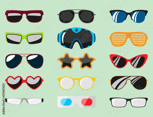 Fashion set sunglasses accessory sun spectacles plastic frame modern eyeglasses vector illustration.