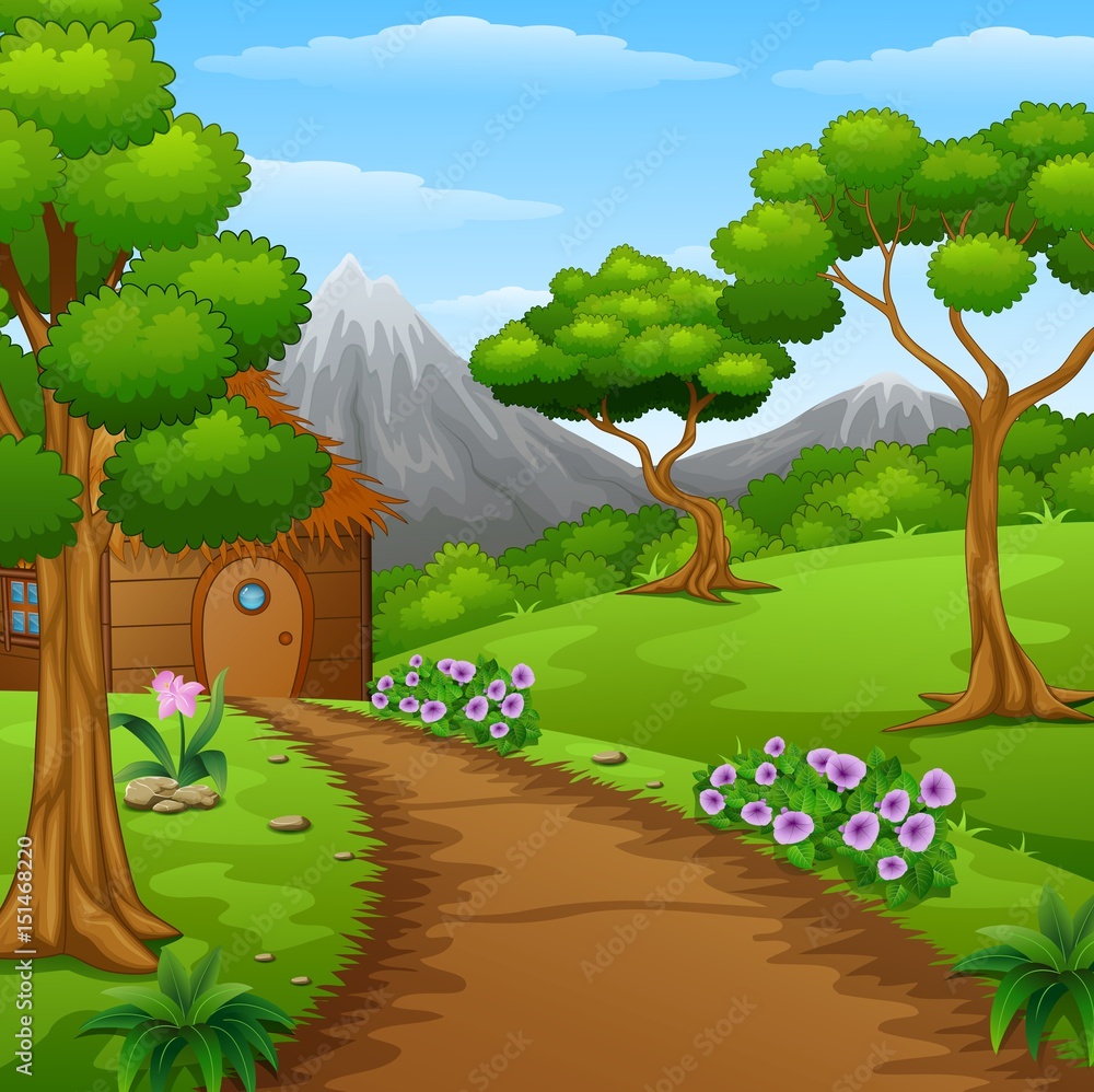 Naklejka premium Wood cabin in the countryside with mountains and dirt road