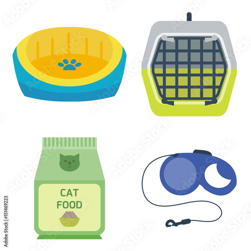 Colorful cat accessory cute vector animal icons pet equipment food domestic feline illustration.