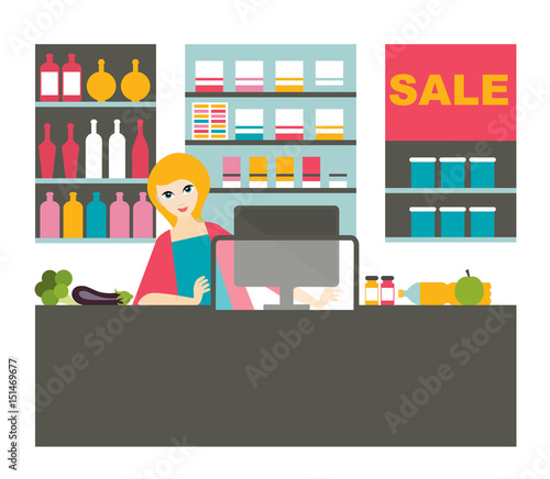 Cashier woman working  with smile in the supermarket.