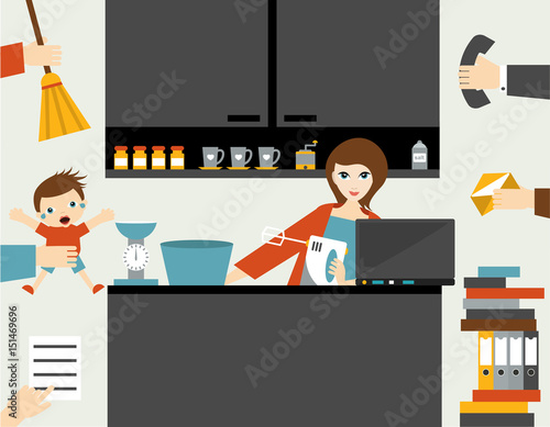Busy multitask woman, mother managing her work with smile.
