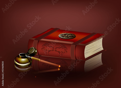 Realistic book with ink on a red background. photo