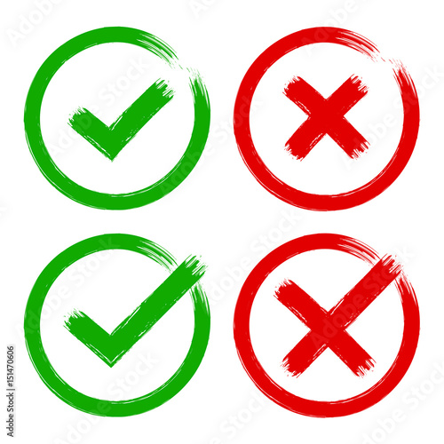 Vector tick and cross brush stroke sign set. Green and red OK, X vote option check mark icons. Isolated objects on white background. Flat grunge marks graphic design. Symbol for yes and no decisions.