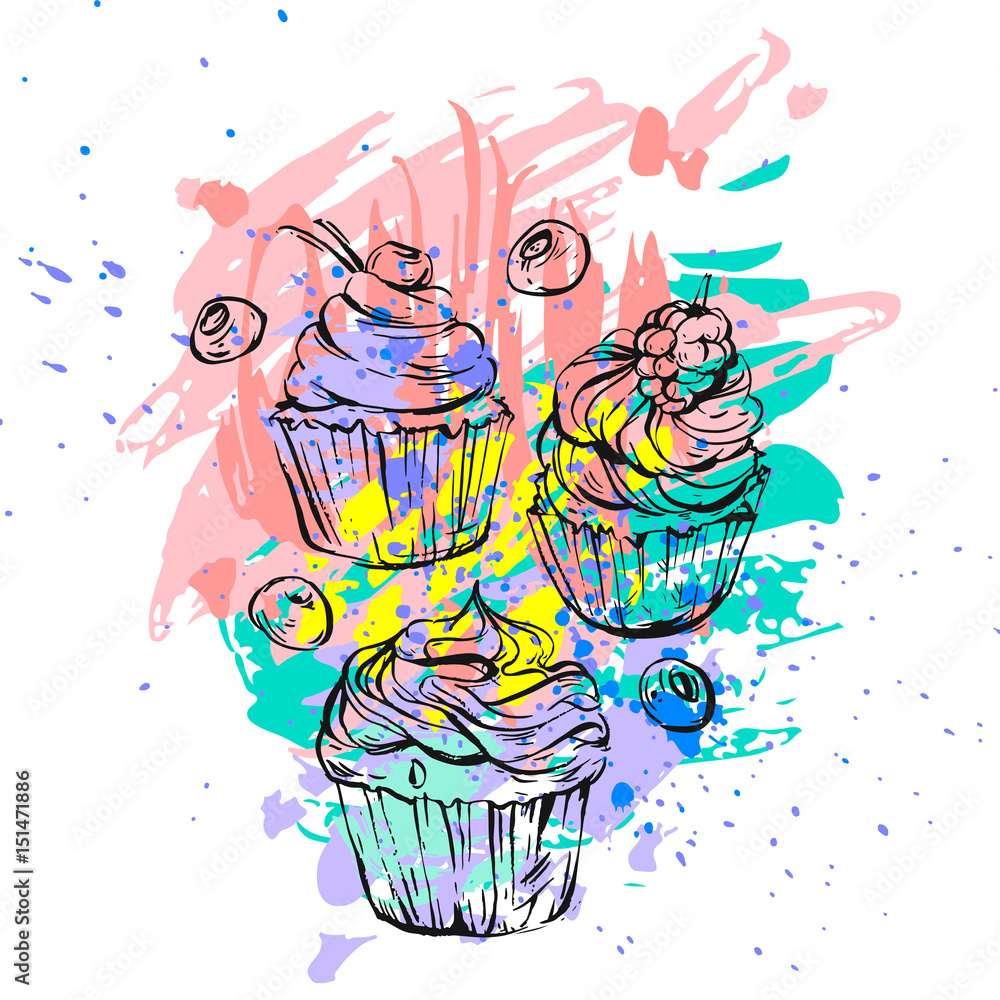 Hand drawn vector abstract graphic freehand painting cupcakes set collection in bright colors.Unique design for decoration,cake brand,logo,sign,fashion fabric,menu,wrapping paper,shop,web,business