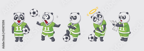 Set kit collection sticker emoji emoticon emotion vector isolated illustration happy character sweet cute little kicker panda football player goalkeeper forward defender