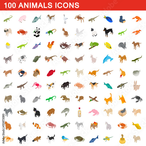 Fototapeta Naklejka Na Ścianę i Meble -  100 animals icons set, isometric 3d style