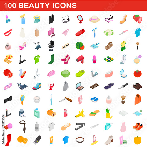 100 beauty icons set, isometric 3d style