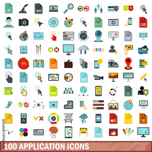 100 application icons set, flat style