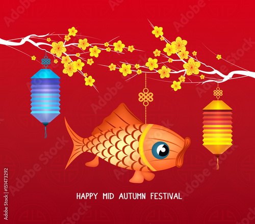 Happy mid autumn festival. Blossom background with carp lantern