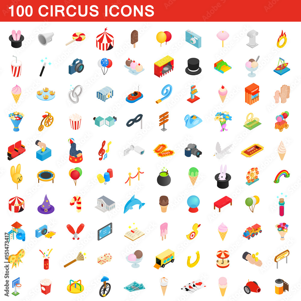 100 circus icons set, isometric 3d style