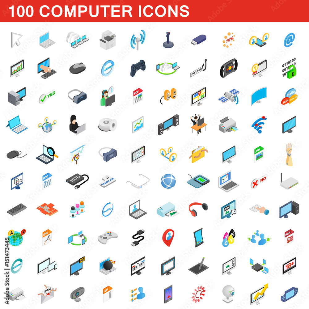 100 computer icons set, isometric 3d style 100 computer icons set, isometric 3d style