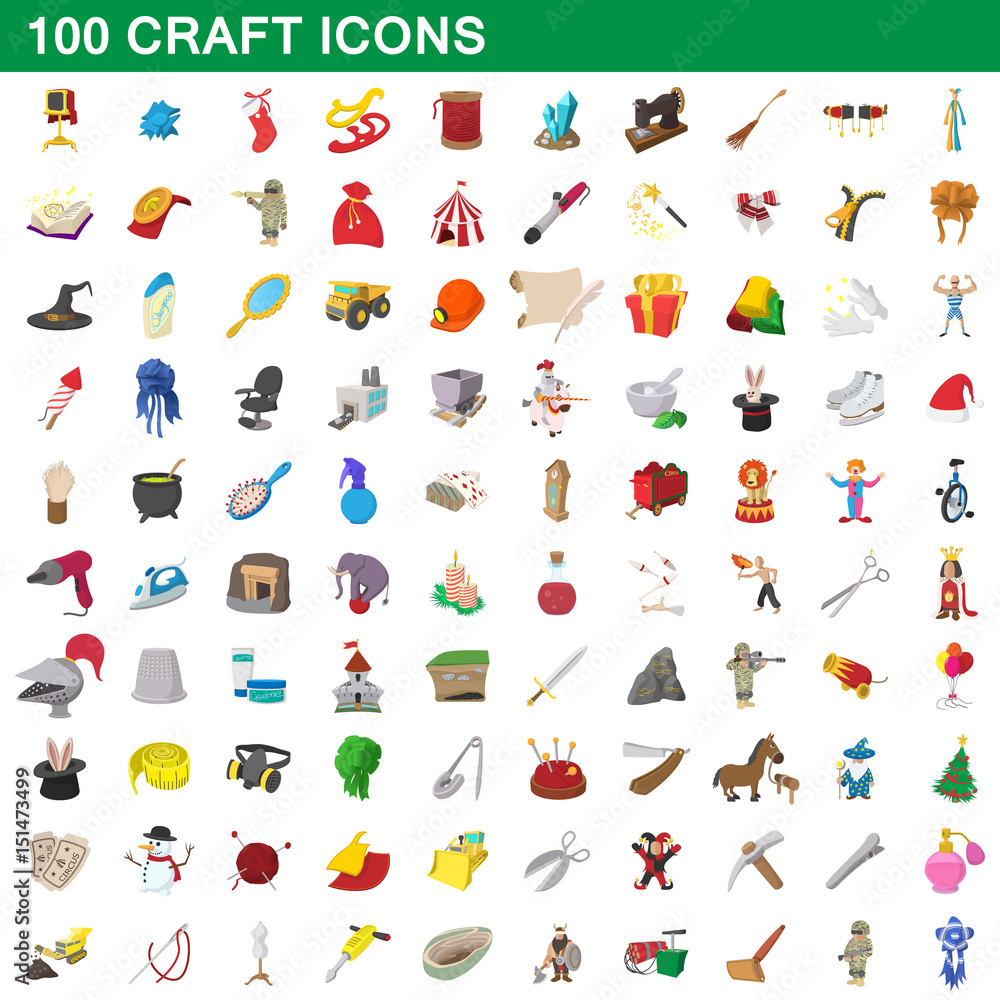 Fototapeta premium 100 craft icons set, cartoon style