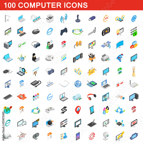 100 computer icons set, isometric 3d style
