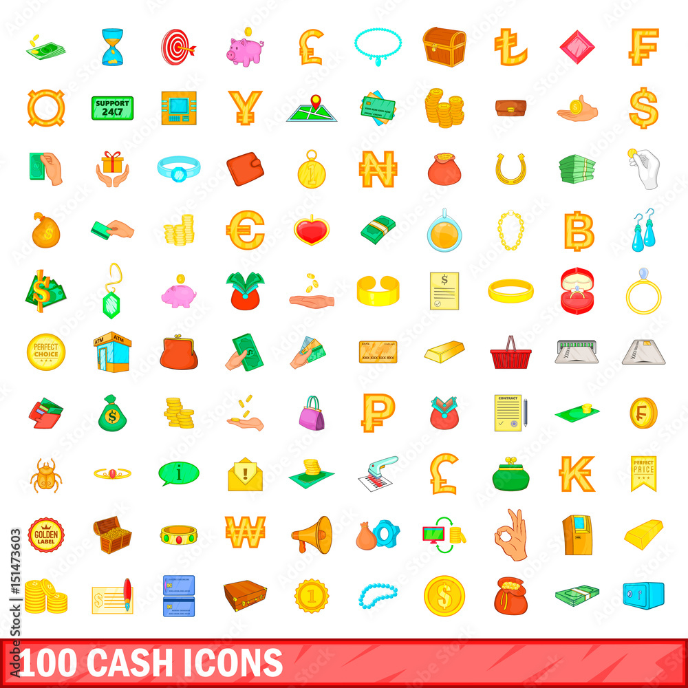 Fototapeta premium 100 cash icons set, cartoon style