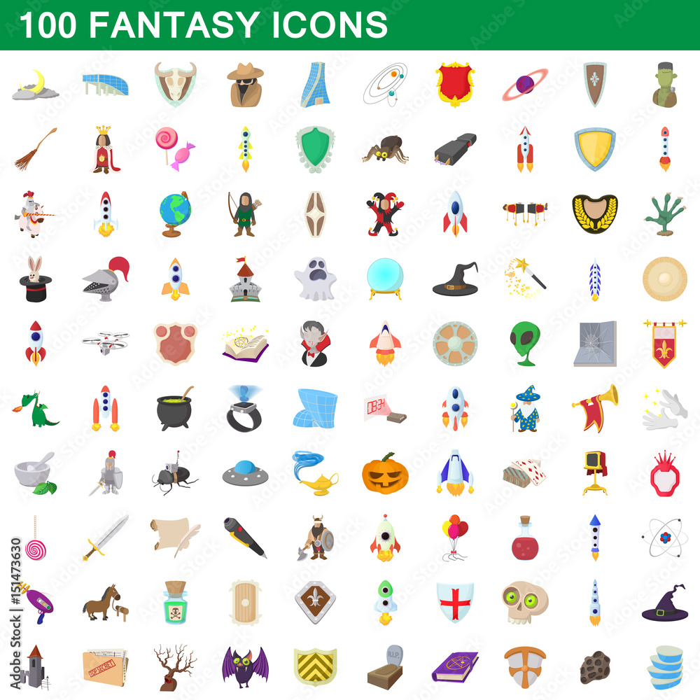 100 fantasy icons set, cartoon style 100 fantasy icons set, cartoon style