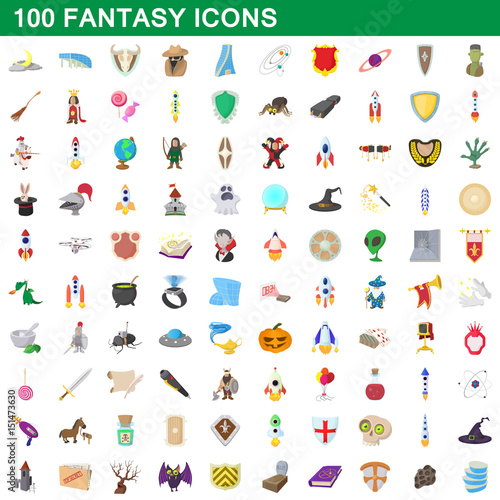100 fantasy icons set, cartoon style