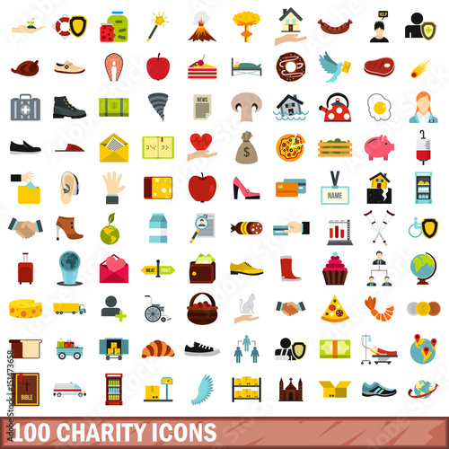 100 charity icons set, flat style