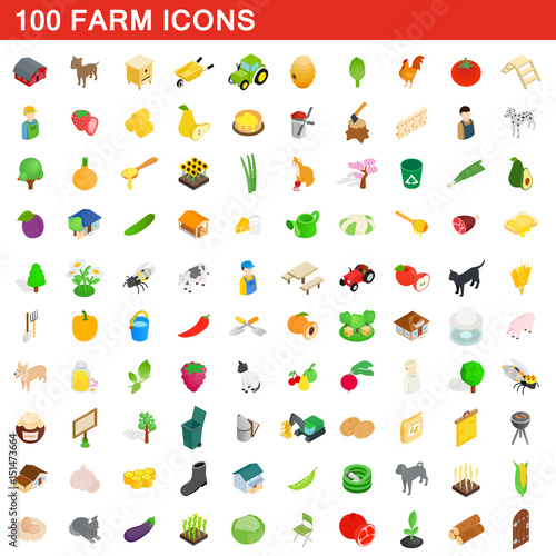 100 farm icons set, isometric 3d style