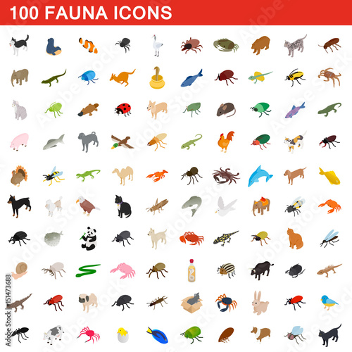 100 fauna icons set, isometric 3d style