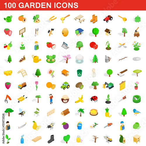 100 garden icons set  isometric 3d style